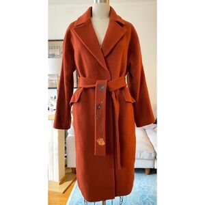 Oh L Korean handmade long wool wrap coat with belt rust brown orange XS-S